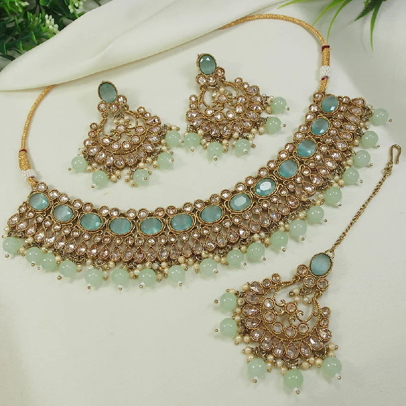 chunky necklaces for women-LALSO Stunning Mehendi Gold plated AD/Zircon Work Necklace Jewelry Set With Maangtika