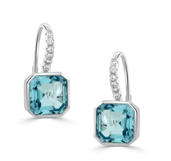 dangle earrings for women-Sky Blue 7.86Ct Blue Topaz and 0.18Ct Diamond Drop Earrings in 18k White Gold