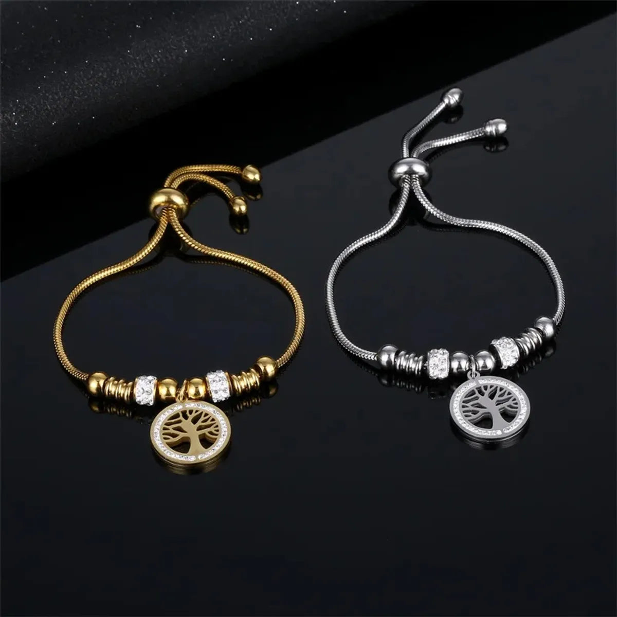 adjustable bracelets for women-Basic Life Tree 316 Stainless Steel  Inlay Zircon 18K Gold Plated Women's Bracelets