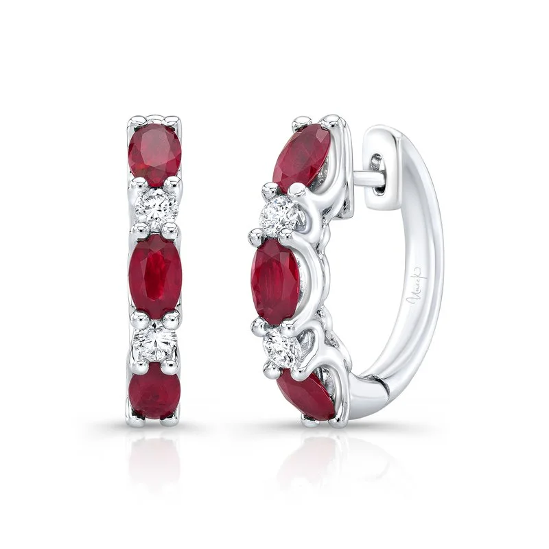 geometric earrings for women-4 0.27ct Round Diamonds and 6 1.70ct Oval Rubies 1-1 Alternating Hoop Earrings in 18K White Gold