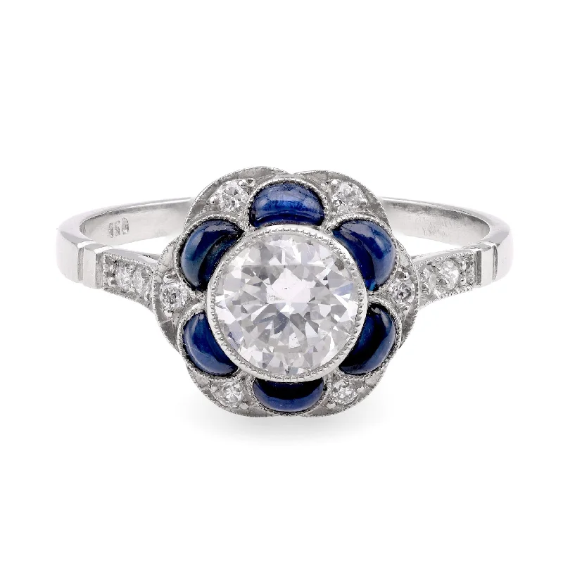 retro rings for women-Art Deco Inspired .73 Carat Diamond Sapphire Platinum Cluster Ring