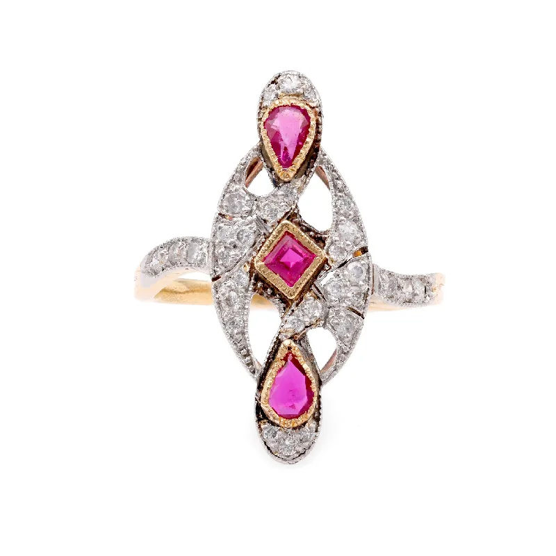 gothic rings for women-French Ruby Diamond Two Tone Navette Ring