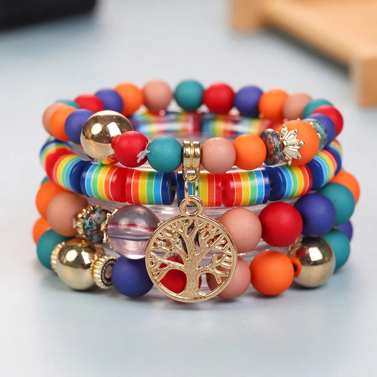 gemstone bangles for women-Bohemian Geometric Rainbow Life Tree Arylic Beaded Stoving Varnish Unisex Bracelets