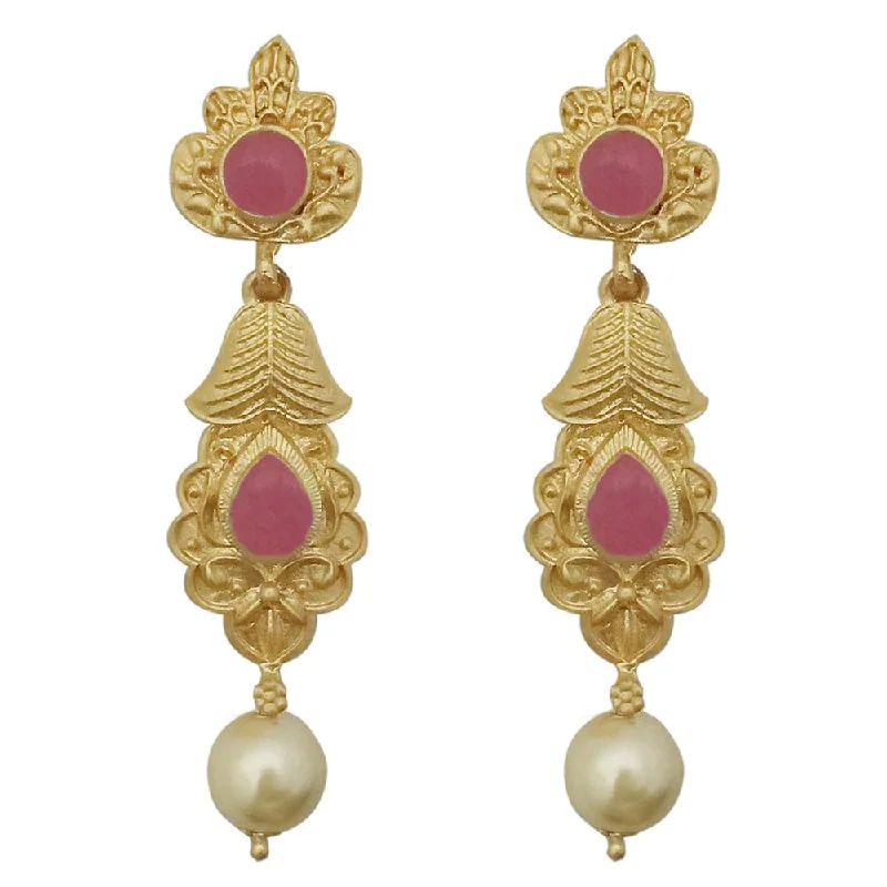 sapphire earrings for women-Kriaa Pink Pota Stone Gold Plated Pearl Dangler Earrings - 1313111D