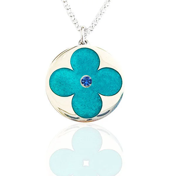 layered gold necklaces for women-Green Enamel Carved Flower Topaz Necklace in Sterling Silver