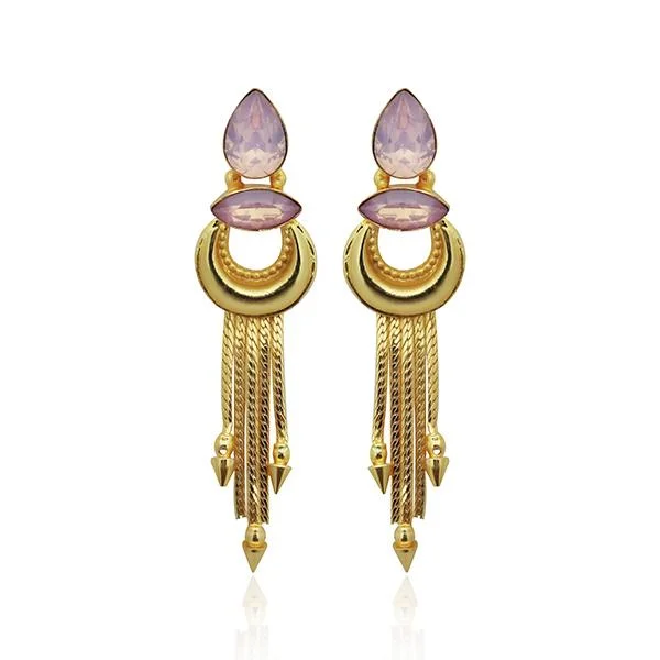 geometric drop earrings for women-Kriaa Pink Crystal Stone Gold Plated Dangler Earrings - 1313106A