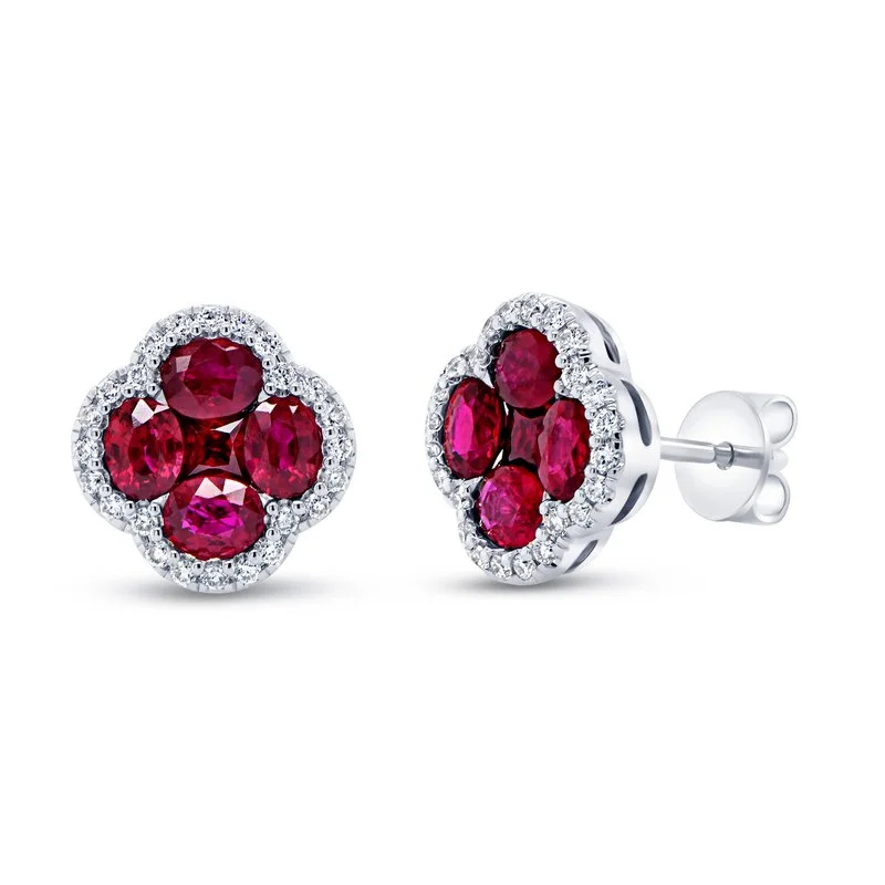 teardrop earrings for women-56 0.223ct Round Diamonds and 10 1.93 Oval and Princess Cut Rubies Earrings in 18K White Gold