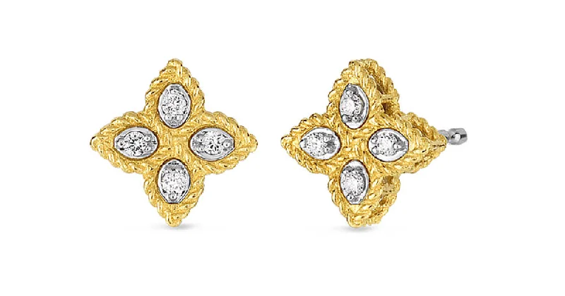 bridal diamond earrings for women-Venetian Princess Flower 0.10Ct Diamond Stud Earrings in 18K White and Yellow Gold