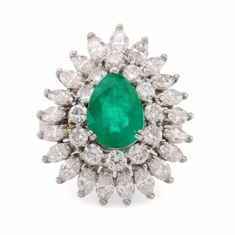 emerald rings for women-Mid Century Pear Shape Emerald Diamond 14K White Gold Cocktail Ring