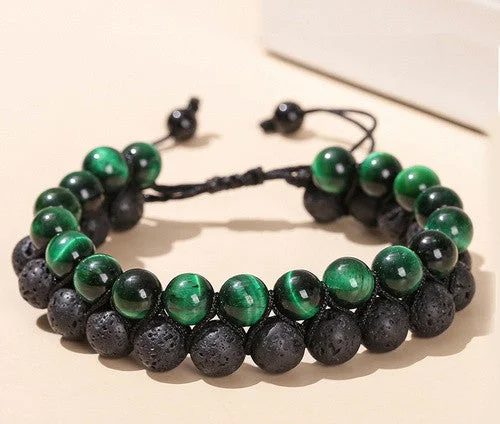 5A Green Tigereye Volcanic Rock Woven Double-Layer Bracelet