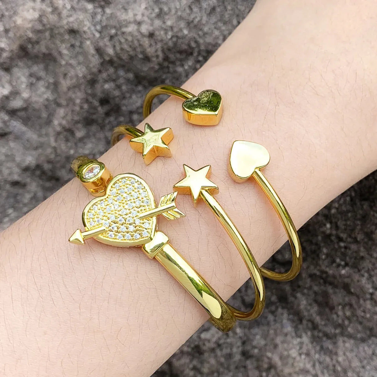 luxury bangles for women-Fashion Pentagram Heart Shape Arrow Copper Gold Plated Zircon Bangle 1 Piece