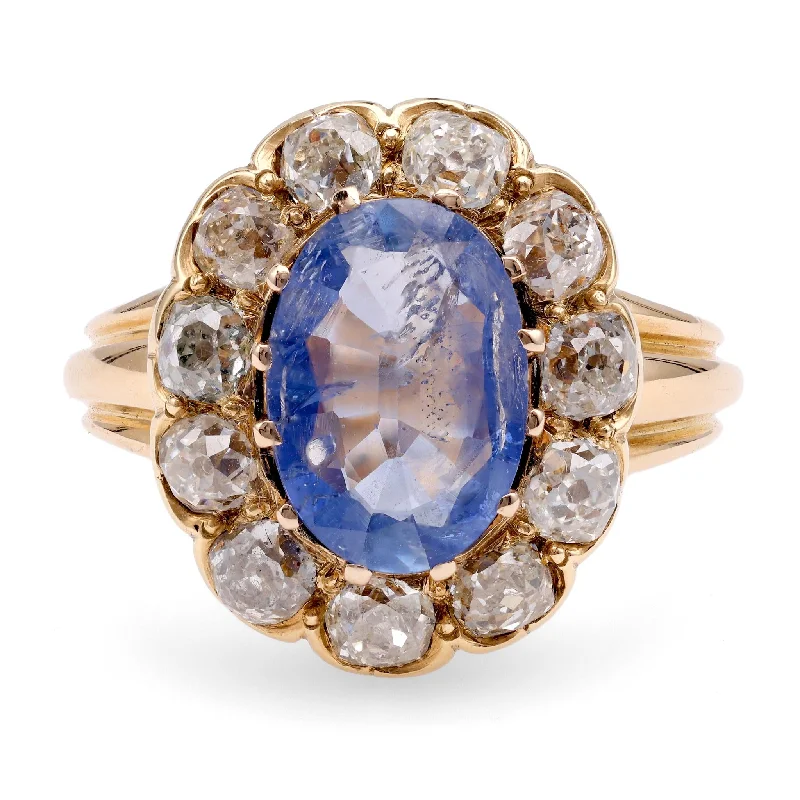 vintage style rings for women-Victorian 2 Carat Sapphire Diamond 18K Yellow Gold Cluster Ring