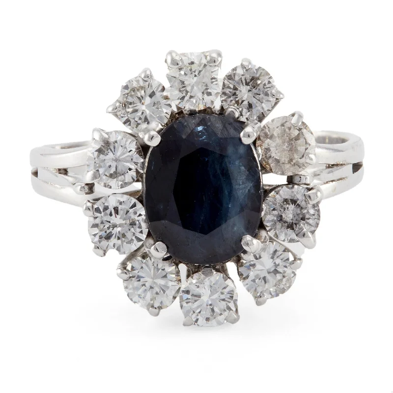 men’s and women’s matching rings-Mid-Century Sapphire and Diamond 18k White Gold Cluster Ring