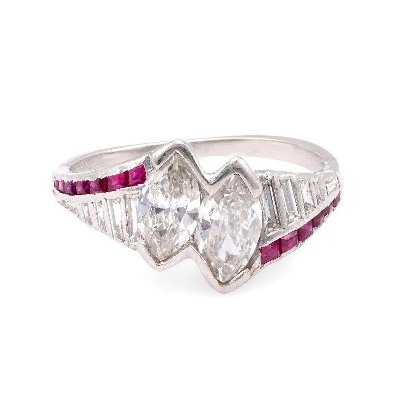 ruby rings for women-Art Deco Diamond Ruby Platinum Two Stone Ring