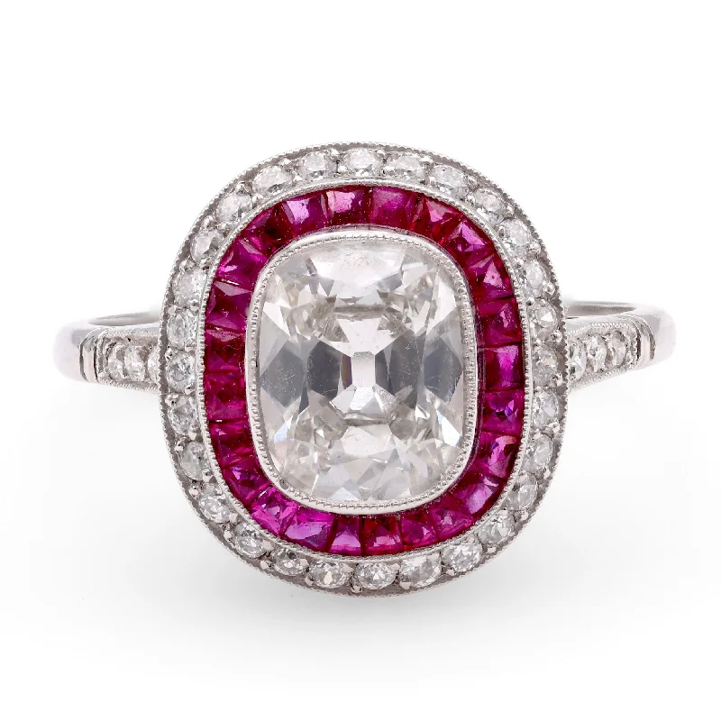 minimalist rings for women-Art Deco Inspired 1.24 Carat Diamond Ruby Platinum Target Ring