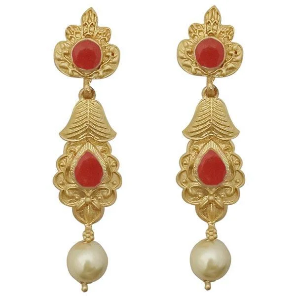 flower stud earrings for women-Kriaa Red Pota Stone Gold Plated Pearl Dangler Earrings