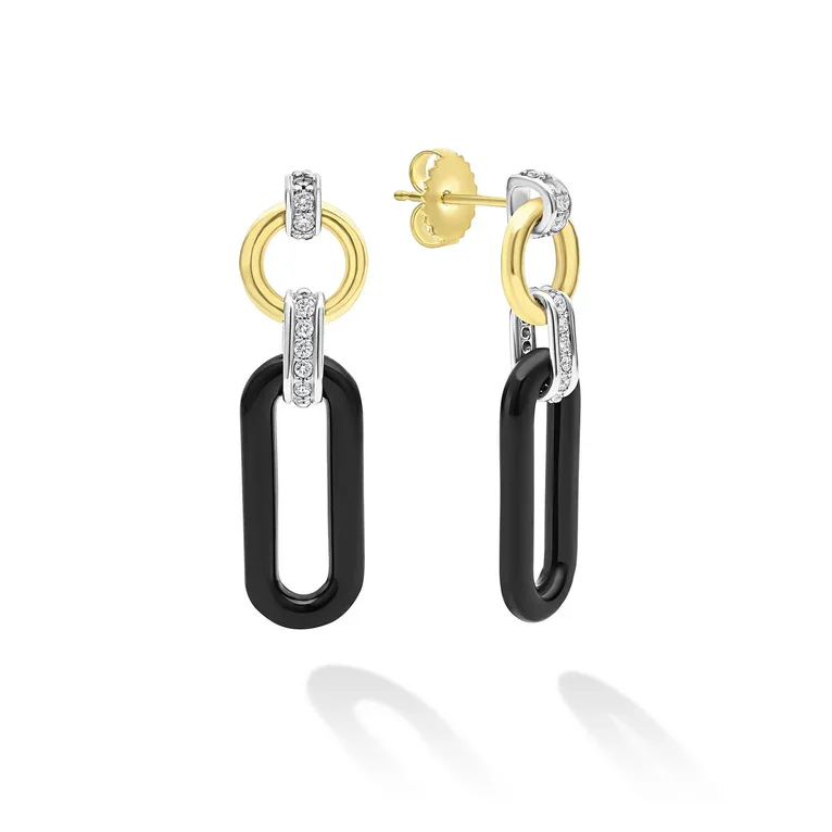 cubic zirconia earrings for women-Caviar Black Ceramic and Diamond 32x9mm Oval Link Drop Earrings in Sterling Silver and 18K Yellow Gold