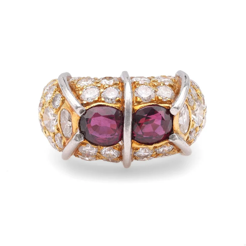 gemstone wedding rings for women-Vintage Rubellite Diamond 18k Yellow Gold Platinum Ring