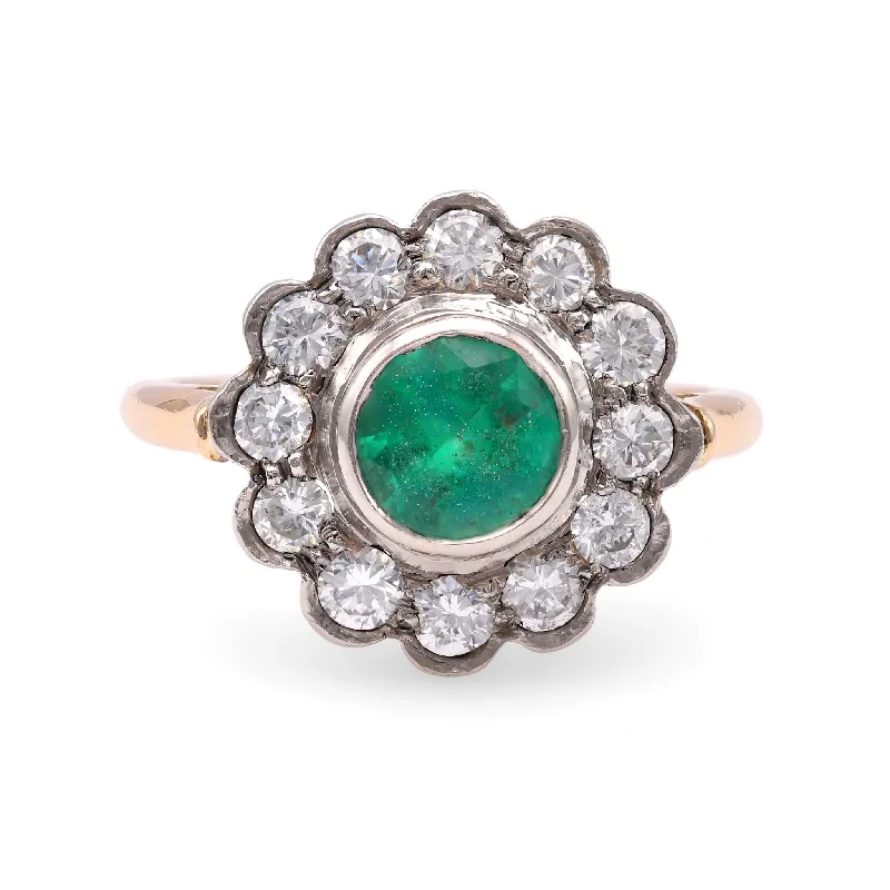 diamond cluster rings for women-One Victorian Revival Emerald Diamond 14k Yellow Gold Platinum Cluster Ring.