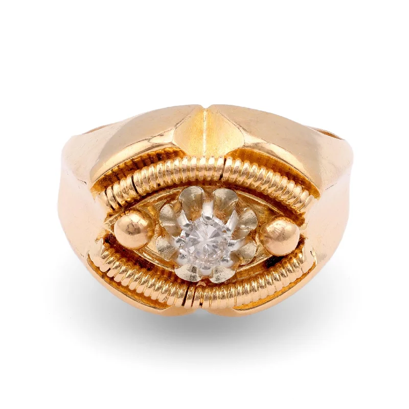 chunky rings for women-French Retro Round Brilliant Cut Diamond 18K Rose Gold Tank Ring