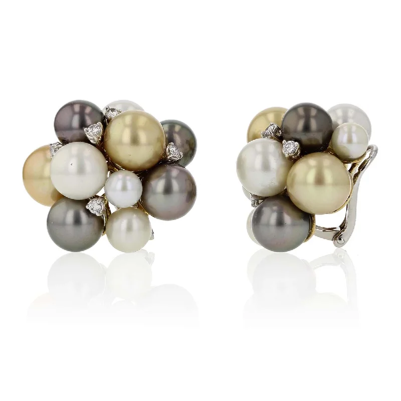 statement earrings for women-18KYW 4 GOLD PEARLS 8 GREY PEARLS 4 WHITE PEARLS 6 WHITE PEARLS AND 8 FC=0.40CT GH/VS EARRINGS