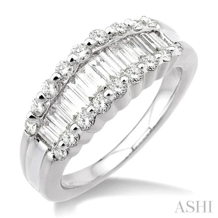 flower rings for women-1 Ctw Baguette and Round Cut Diamond Band in 14K White Gold