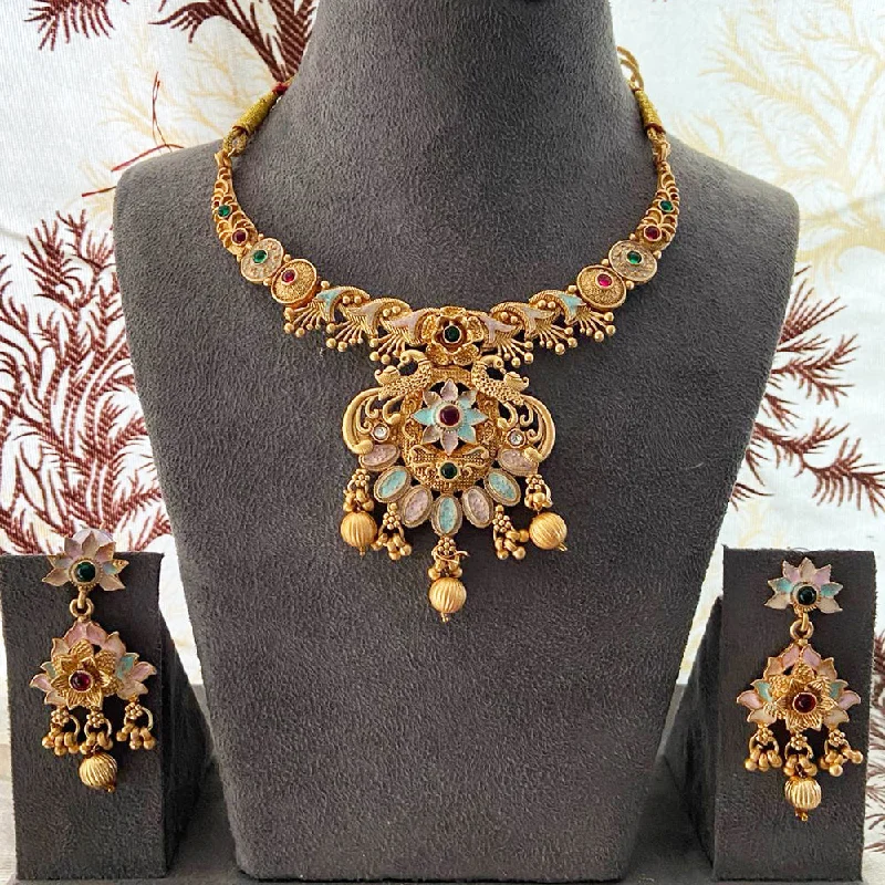 gemstone pendant necklaces for women-India Art Gold Plated Pota Stone And Beads Necklace Set