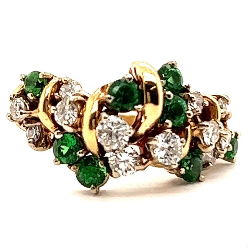 twisted rings for women-Vintage Diamond Tsavorite Garnet 14 Karat Yellow Gold Cluster Ring