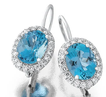 elegant earrings for women-3.85Ct 2 Oval Aquamarine and 0.47Ct 54 Full Cut Diamond Halo Drop Earrings in Platinum