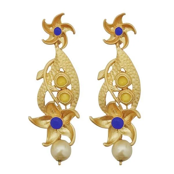 boho earrings for women-Kriaa Blue Austrian Stone Pearl Drop Gold Plated Dangler Earrings - 1313116A