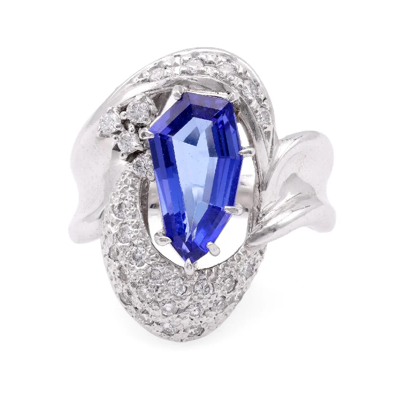 geometric engagement rings for women-Modern 2.31 Carat Coffin Step Cut Tanzanite Diamond Platinum Cocktail Ring