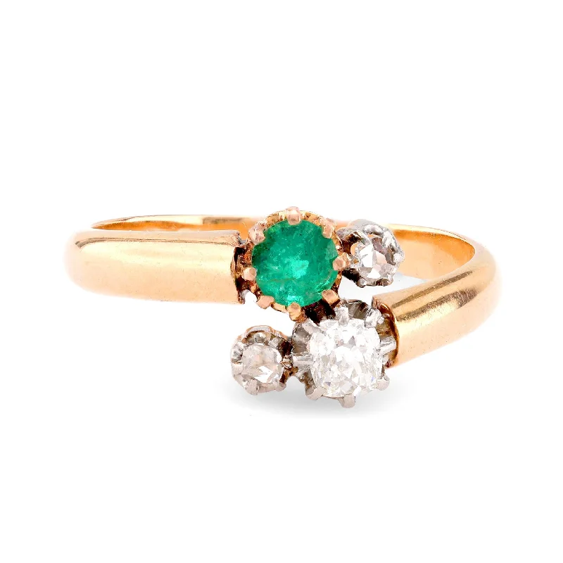 signet rings for women-Victorian French Emerald Diamond 18K Rose Gold Toi Et Moi Ring