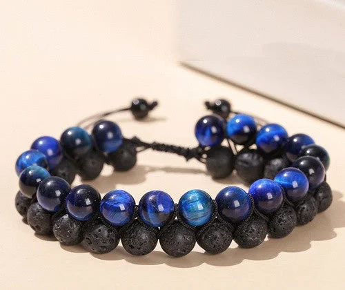 5a Blue Tigereye Volcanic Rock Woven Double-Layer Bracelet