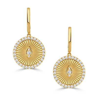 white gold earrings for women-Helios 0.60Ct Diamond Fluted Halo Drop Earrings in 18k Yellow Gold