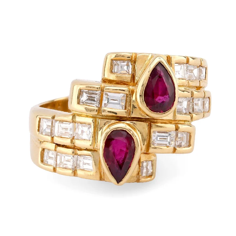 adjustable rings for women-Vintage Ruby Diamond 18K Yellow Gold Ring