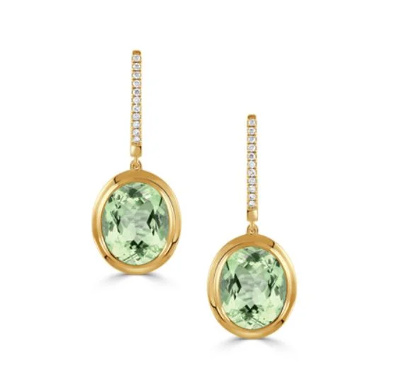 emerald drop earrings for women-Mint Mojito 4.85Ct Green Amethyst and 0.11Ct Diamond Drop Earrings in 18k Yellow Gold