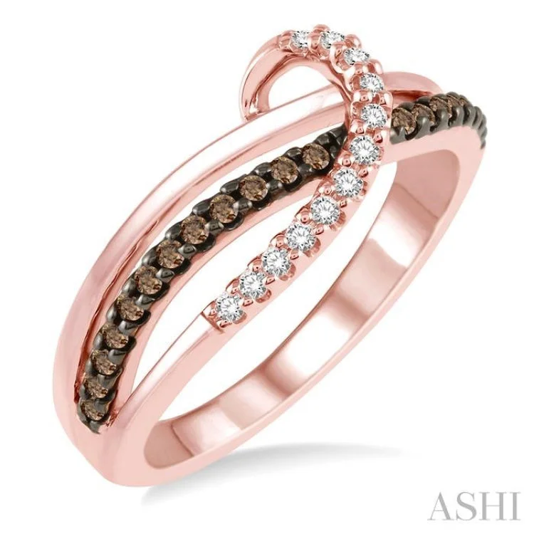 cushion cut rings for women-1/4 Ctw Triple Cut Shank Clear and Brown Diamond Ladies Ring in 10K Rose Gold