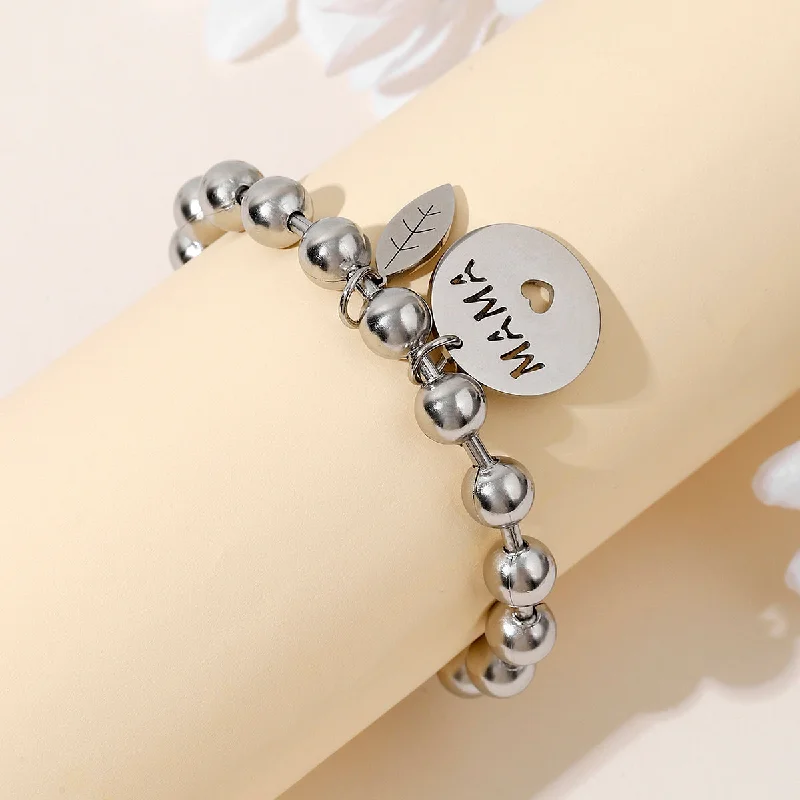 modern bracelets for women-Stainless Steel Casual MAMA Simple Style Letter Leaves Beaded Carving Bracelets