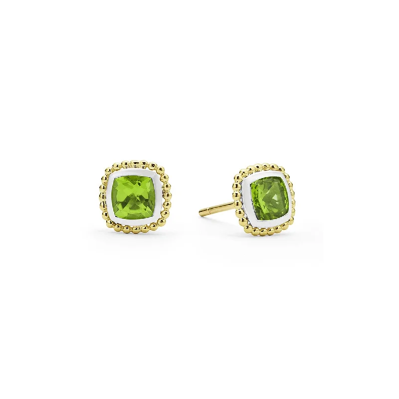 personalized earrings for women-Rittenhouse Cushion Peridot Stud Earrings in Sterling Silver and 18K Yellow Gold, 7mm