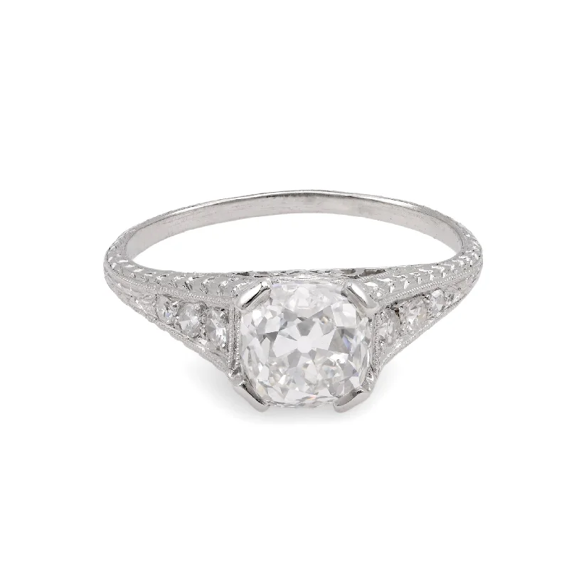 silver engagement rings for women-Art Deco Platinum 1.58 Carat Square Cut Diamond Filigree Ring