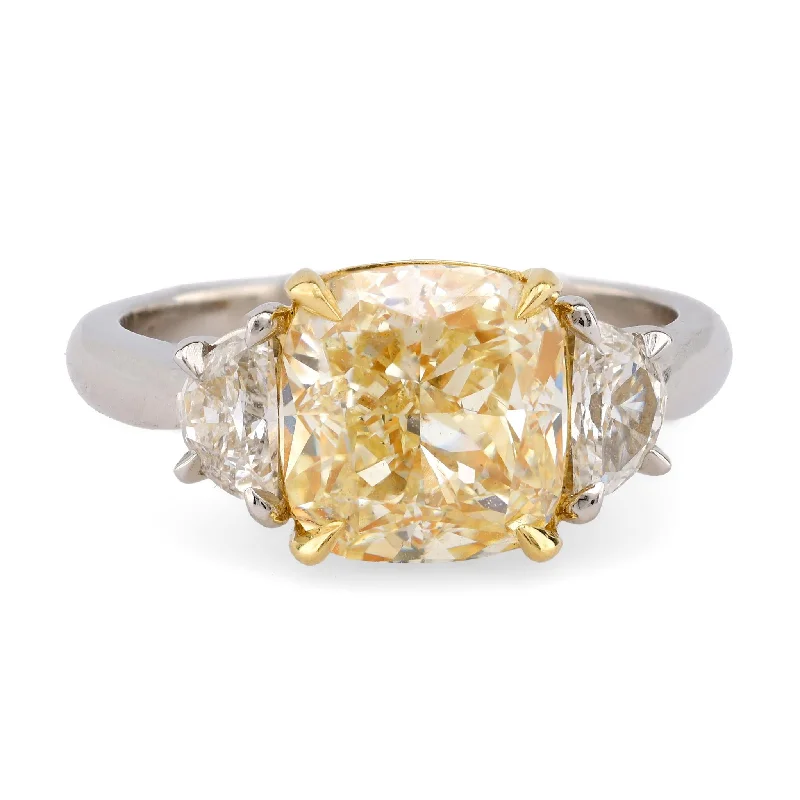 luxury engagement rings for women-Modern 3.08 Carat EGL Fancy Yellow Diamond Platinum Three Stone Ring