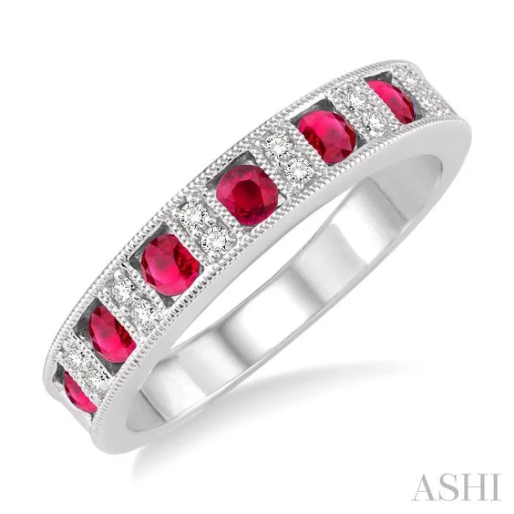 vintage rings for women-2.5 mm Round Cut Ruby and 1/10 Ctw Round Cut Diamond Band in 14K White Gold