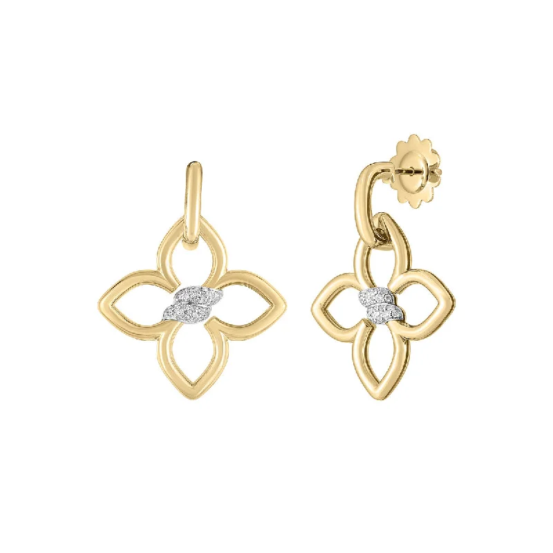 flower earrings for women-18K Yellow and White Gold Diamond Flower Drop Earrings