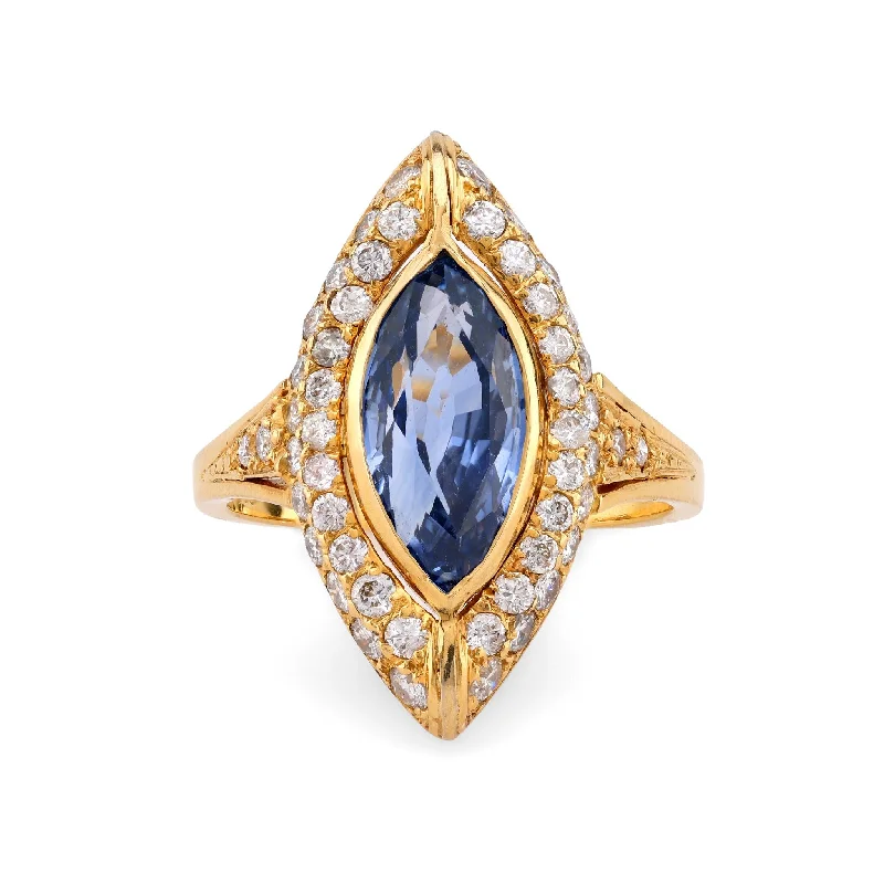 geometric rings for women-Vintage GIA 2.82 Carat Sapphire Diamond 18K Yellow Gold Navette Ring