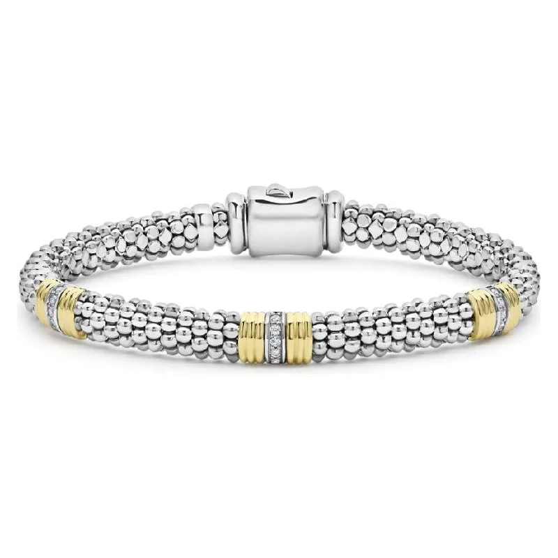 heart-shaped bracelets for women-Lagos 18K and Sterling Silver Triple Diamond Station Caviar Bracelet