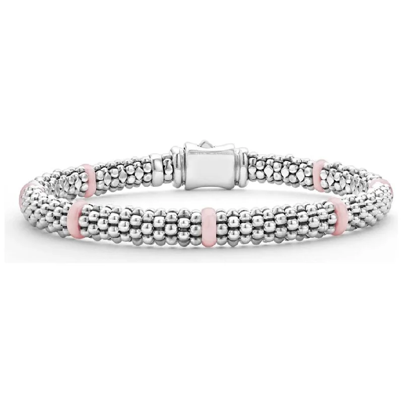 luxury gold bracelets for women-Lagos Sterling Silver & Pink Caviar Seven Station Bracelet