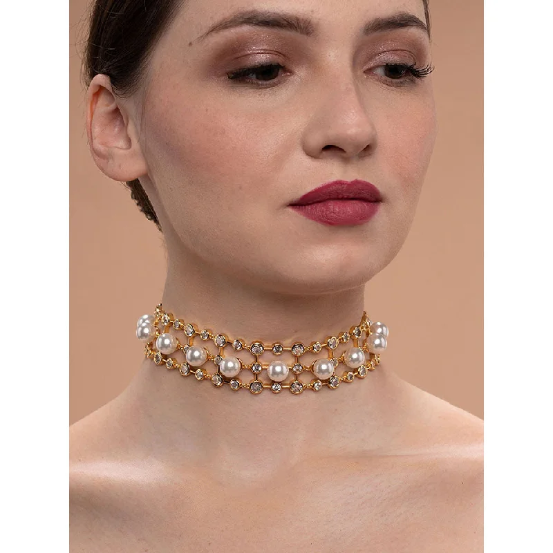 minimalist silver necklaces for women-Isharya Amara Pearl CZ Choker Necklace in 18kt Gold Plated