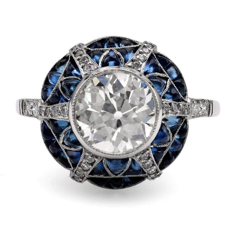 custom rings for women-Art Deco Inspired 1.46 Carat Diamond Sapphire Platinum Target Ring