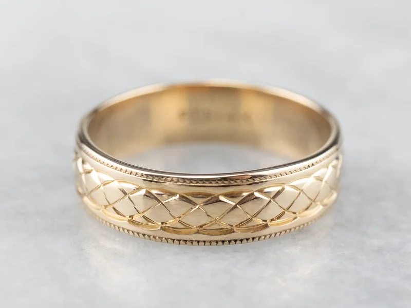 vintage diamond engagement rings for women-14K Gold Quilted Patterned Wedding Band