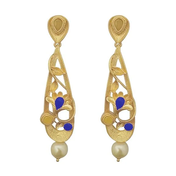 dangling gemstone earrings for women-Kriaa Blue Austrian Stone Pearl Drop Gold Plated Dangler Earrings - 1313115C